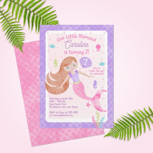 Mermaid with Red Hair Pink & Purple Birthday Invitation (Creator Uploaded)
