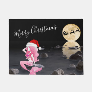Mermaid with Santa Hat Full Moon Merry Christmas Doormat
