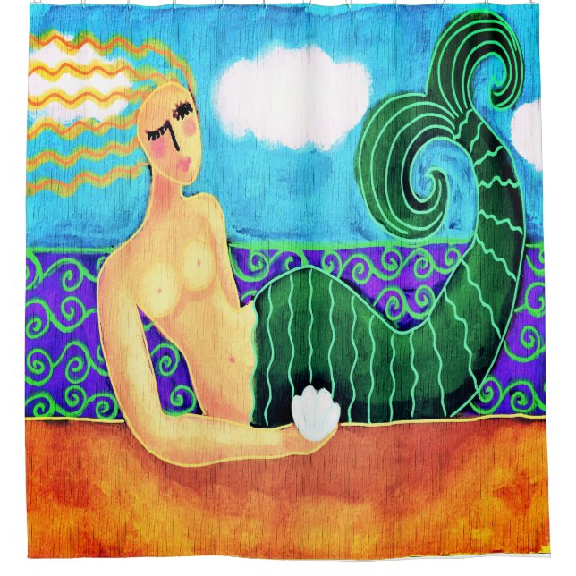 Mermaid with Sea Shell Abstract Art Shower Curtain (Front)