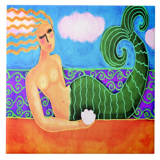Mermaid with Sea Shell Abstract Painting Ceramic Tile (Front)
