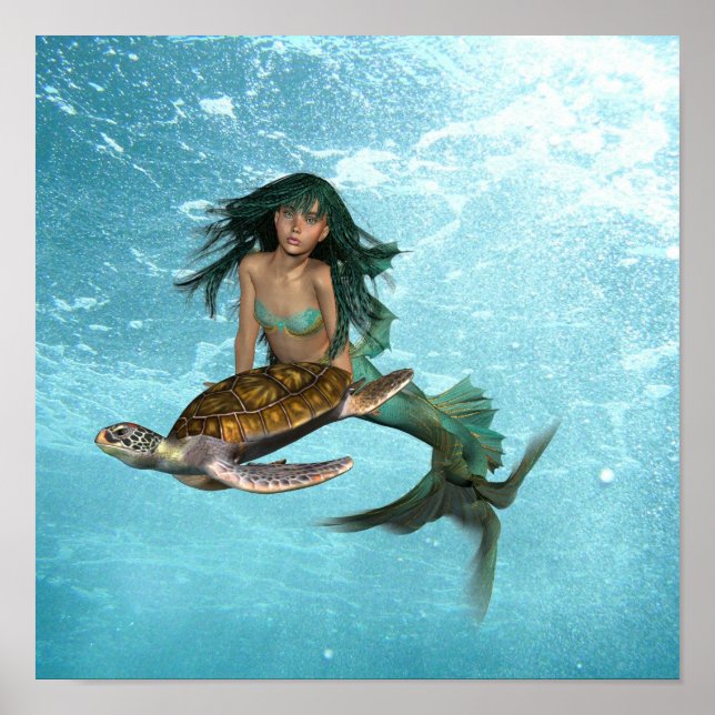 Mermaid with Sea Turtle Poster (Front)
