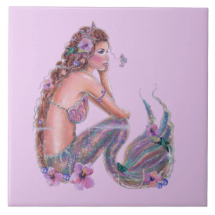Mermaid with seahorses art by Renee Lavoie Ceramic Tile