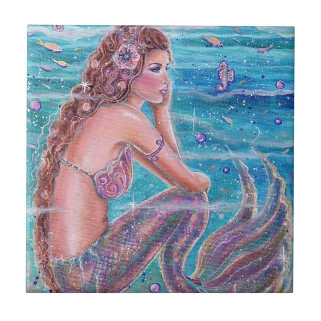 Mermaid with seahorses art by Renee Lavoie Ceramic Tile (Front)
