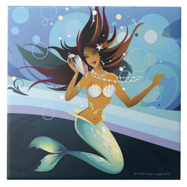 Mermaid with shell to ear ceramic tile (Front)