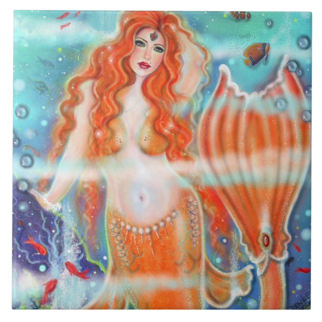 Mermaid with tropical fish art by Renee Lavoie  Ceramic Tile (Front)