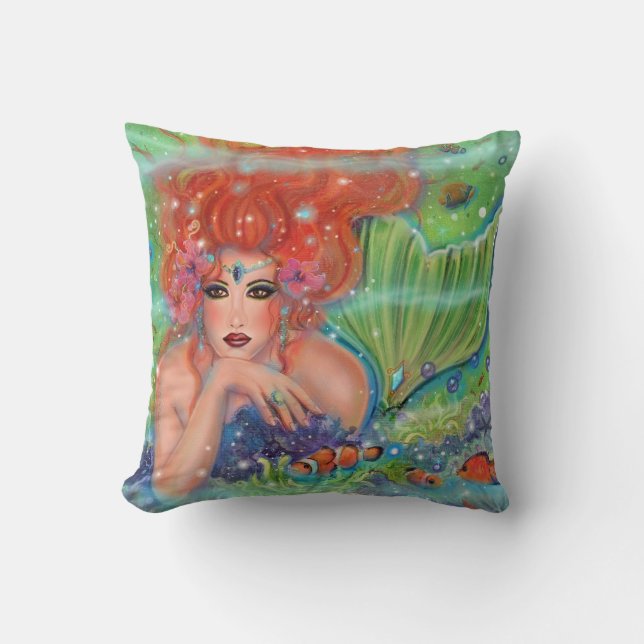 Mermaid with tropical fish art by Renee Lavoie  Cushion (Front)
