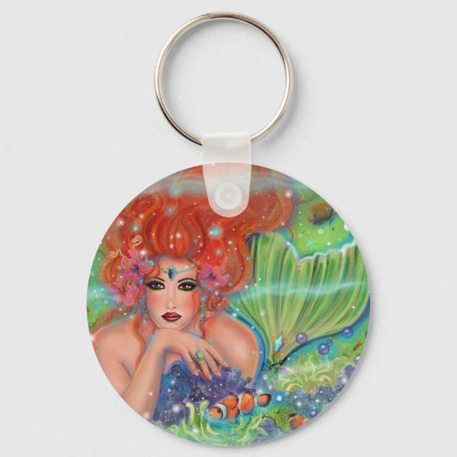 Mermaid with tropical fish art by Renee Lavoie   Key Ring (Front)