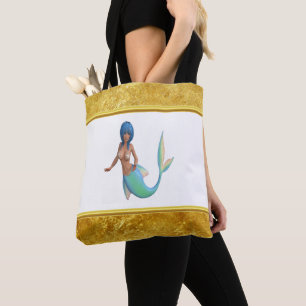Mermaid with turquoise hair and tail tote bag