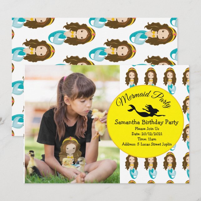 Mermaid Yellow Birthday Party Invitation (Front/Back)