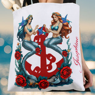 Mermaids Anchor Floral White Blue Red Roses Tote Bag