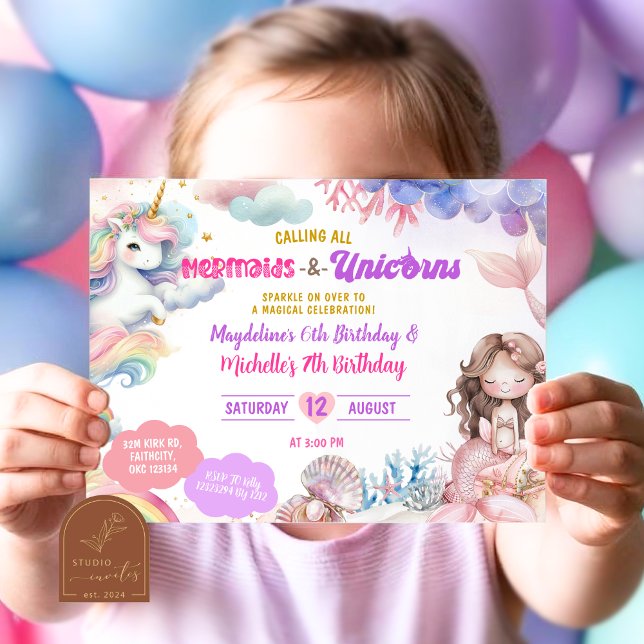 Mermaids and Dinosaurs Joint Sibling Birthday Invitation (Creator Uploaded)