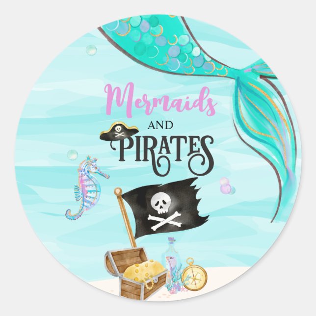 Mermaids and Pirates Birthday Classic Round Sticker (Front)