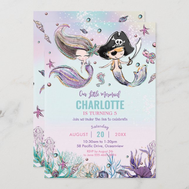 Mermaids and Pirates Boy Girl Joint Birthday Party Invitation (Front/Back)
