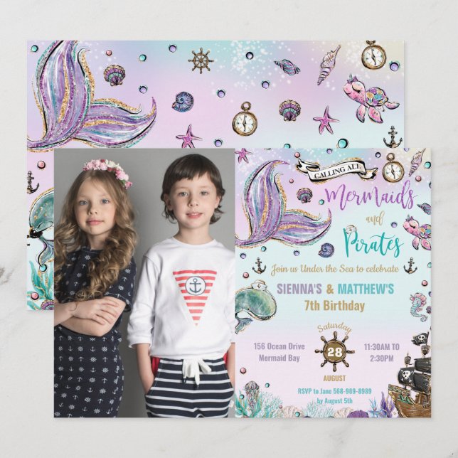Mermaids and Pirates Joint Birthday Ocean Photo Invitation (Front/Back)