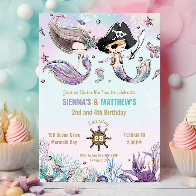 Mermaids and Pirates Twins Siblings Joint Birthday Invitation (whimsical-brunette-mermaid-and-pirate-under-the-sea-pool-birthday-party-twins-joint-invitation-cards)