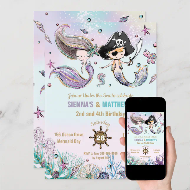 Mermaids And Pirates Twins Siblings Joint Birthday Invitation | Zazzle