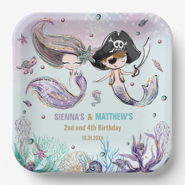 Mermaids and Pirates Under the Sea Joint Birthday Paper Plate (Front)