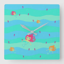 Mermaids and seahorses square clock