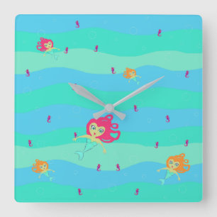 Mermaids and seahorses square clock