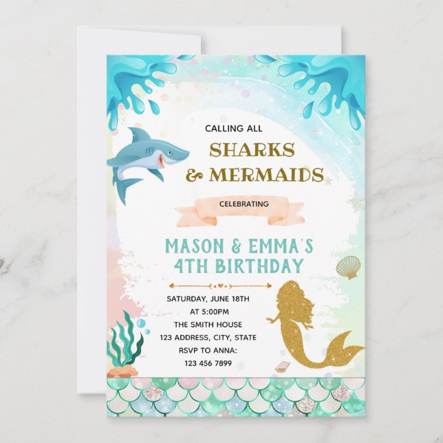 Mermaids and Shark joint birthday invitation (Front)
