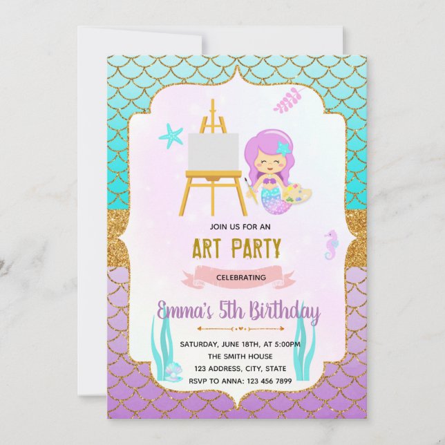 mermaids art painting theme invitation (Front)