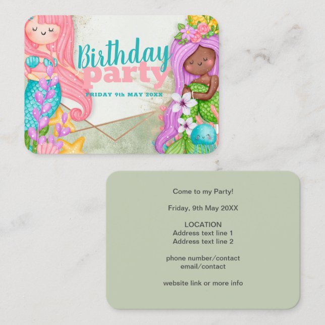 Mermaids Birthday Party Invitation Card (Front/Back)