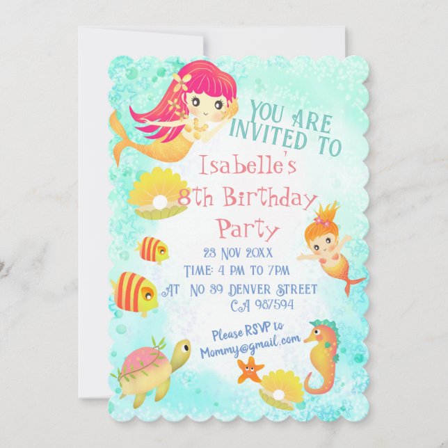 Mermaids Blue Invitation Card (Front)