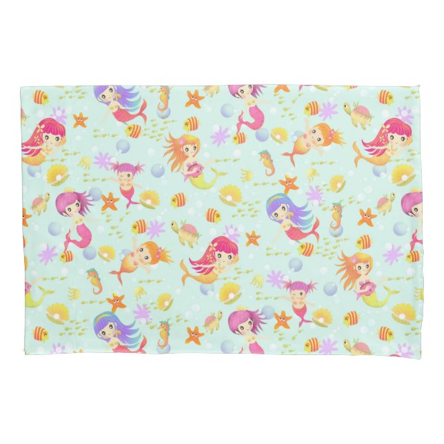 Mermaids Blue with Gingham Pillowcase (Front)