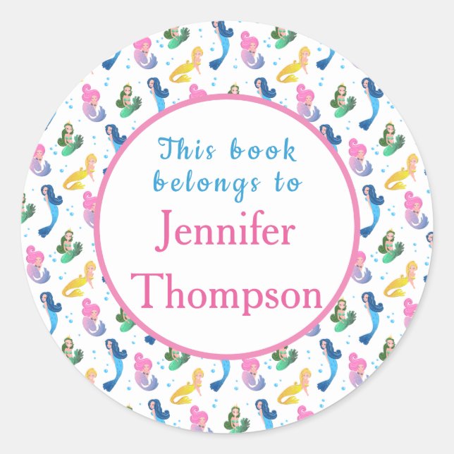 Mermaids Book Belongs To Custom Name Message Classic Round Sticker (Front)