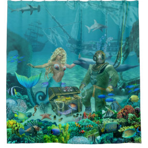 Mermaid's Coral Reef Treasure Shower Curtain