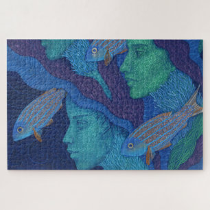 Mermaids & Fish, surreal fantasy art, underwater Jigsaw Puzzle
