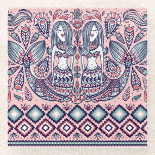 Mermaids Folk Elements Vintage Seamless Glass Coaster