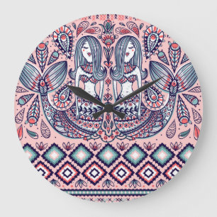 Mermaids Folk Elements Vintage Seamless Large Clock