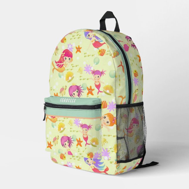 Mermaids Green Printed Backpack (Back Corner Right)