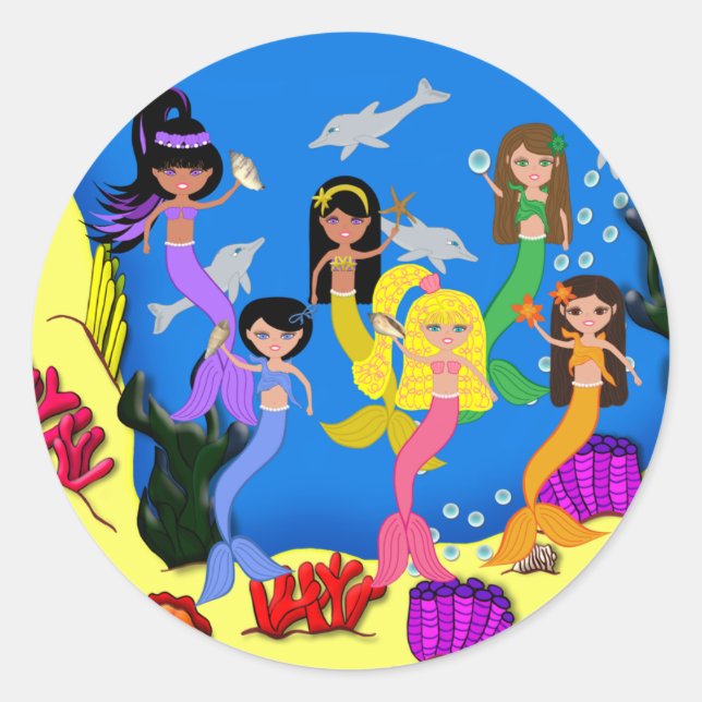 Mermaids in Ocean with Dolphins Sticker (Front)