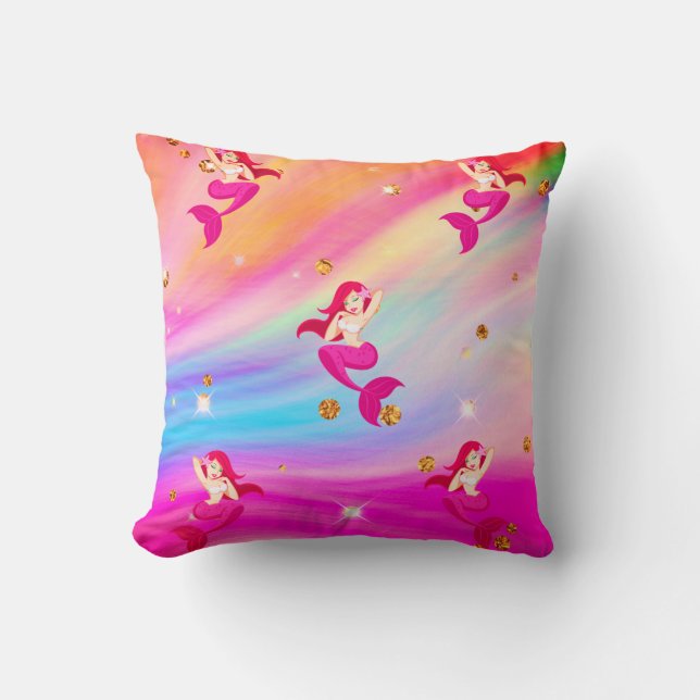 Mermaids in Rainbow Clouds Throw Pillow (Front)