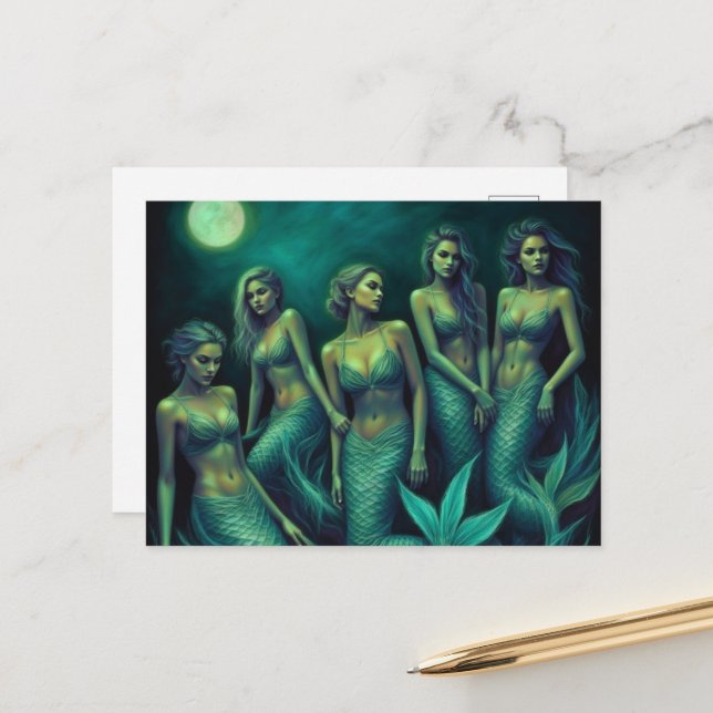 Mermaids in the Full Moon Night Postcard (Front/Back In Situ)