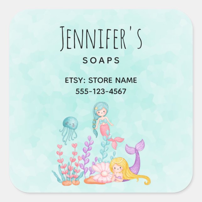  Mermaids & Jellyfish Under the Sea Business Square Sticker (Front)
