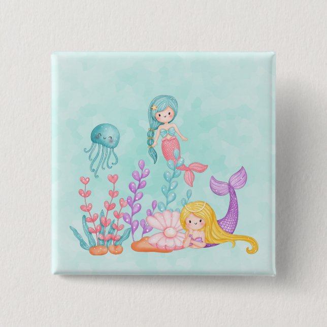 Mermaids & Jellyfish Under the Sea Watercolor 15 Cm Square Badge (Front)
