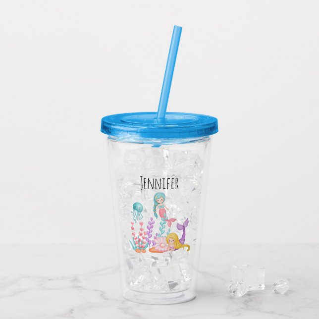 Mermaids & Jellyfish Under the Sea Watercolor Acrylic Tumbler (Back Ice)