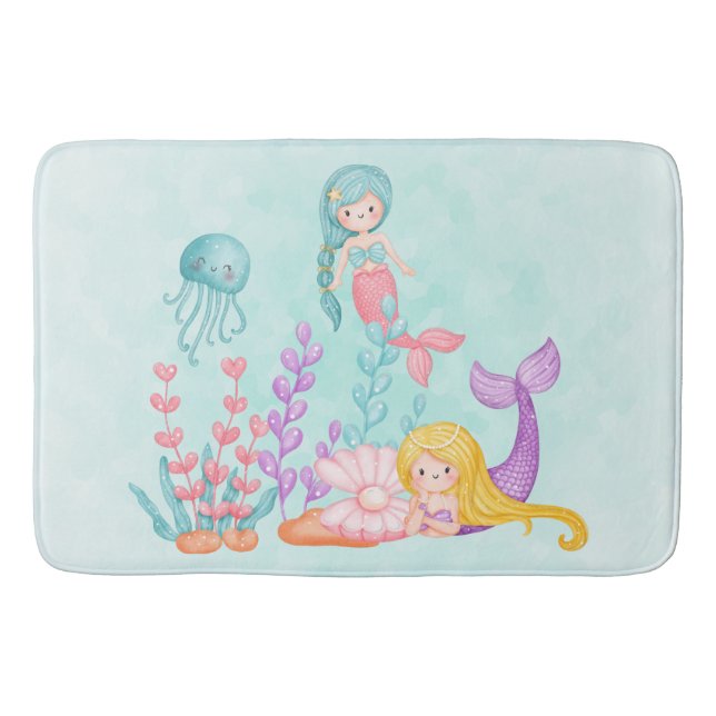 Mermaids & Jellyfish Under the Sea Watercolor Bath Mat (Front)