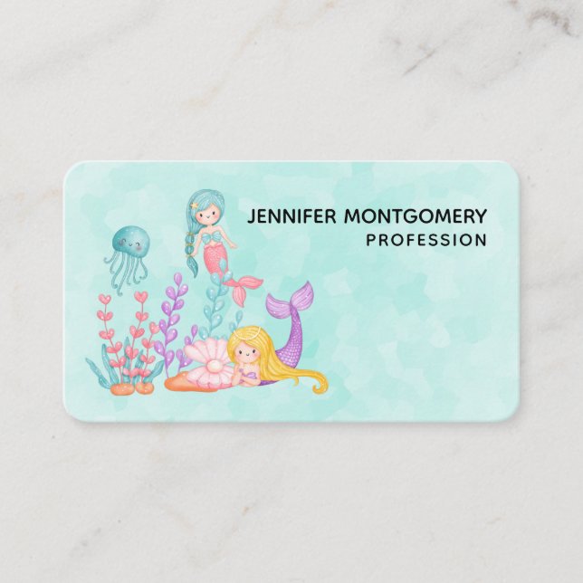 Mermaids & Jellyfish Under the Sea Watercolor Business Card (Front)