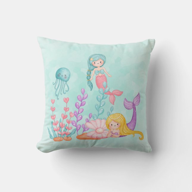Mermaids & Jellyfish Under the Sea Watercolor Cushion (Front)