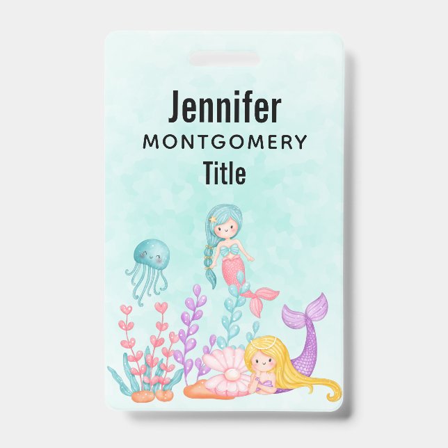 Mermaids & Jellyfish Under the Sea Watercolor ID Badge (Front)