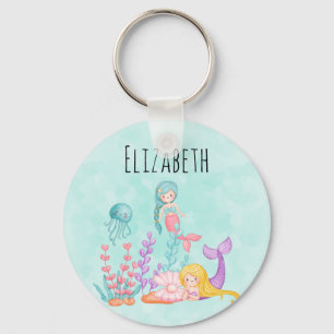 Mermaids & Jellyfish Under the Sea Watercolor Key Ring