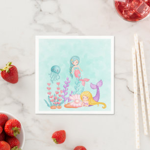 Mermaids & Jellyfish Under the Sea Watercolor Napkin