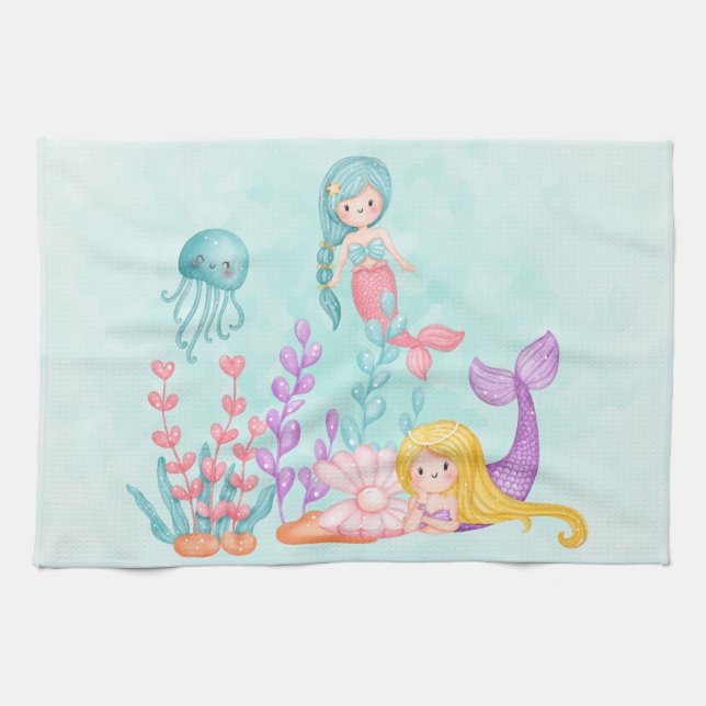 Mermaids & Jellyfish Under the Sea Watercolor Tea Towel (Horizontal)