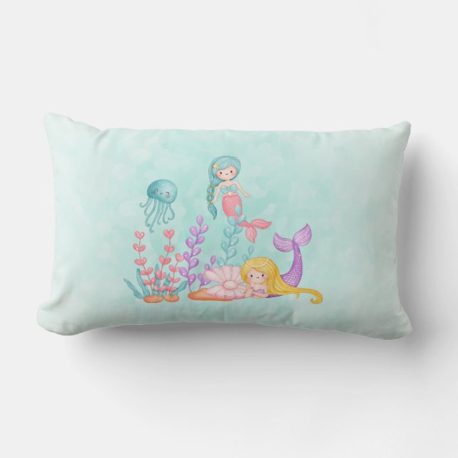 Mermaids & Jellyfish Under the Sea Watercolor Thro Lumbar Cushion (Front)