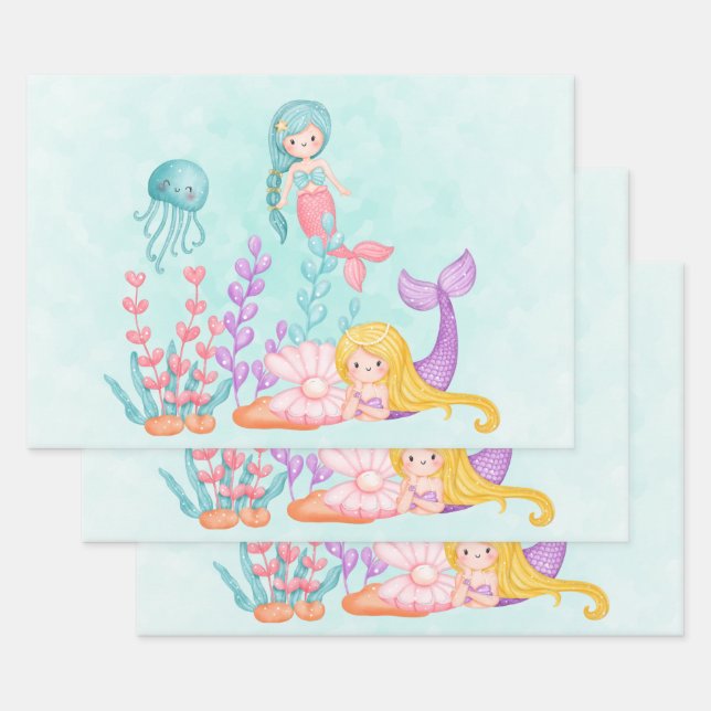  Mermaids & Jellyfish Under the Sea Watercolor Wrapping Paper Sheet (Set)