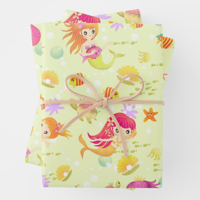 Mermaids Lemon Green Wrapping Paper Sheet (In situ)